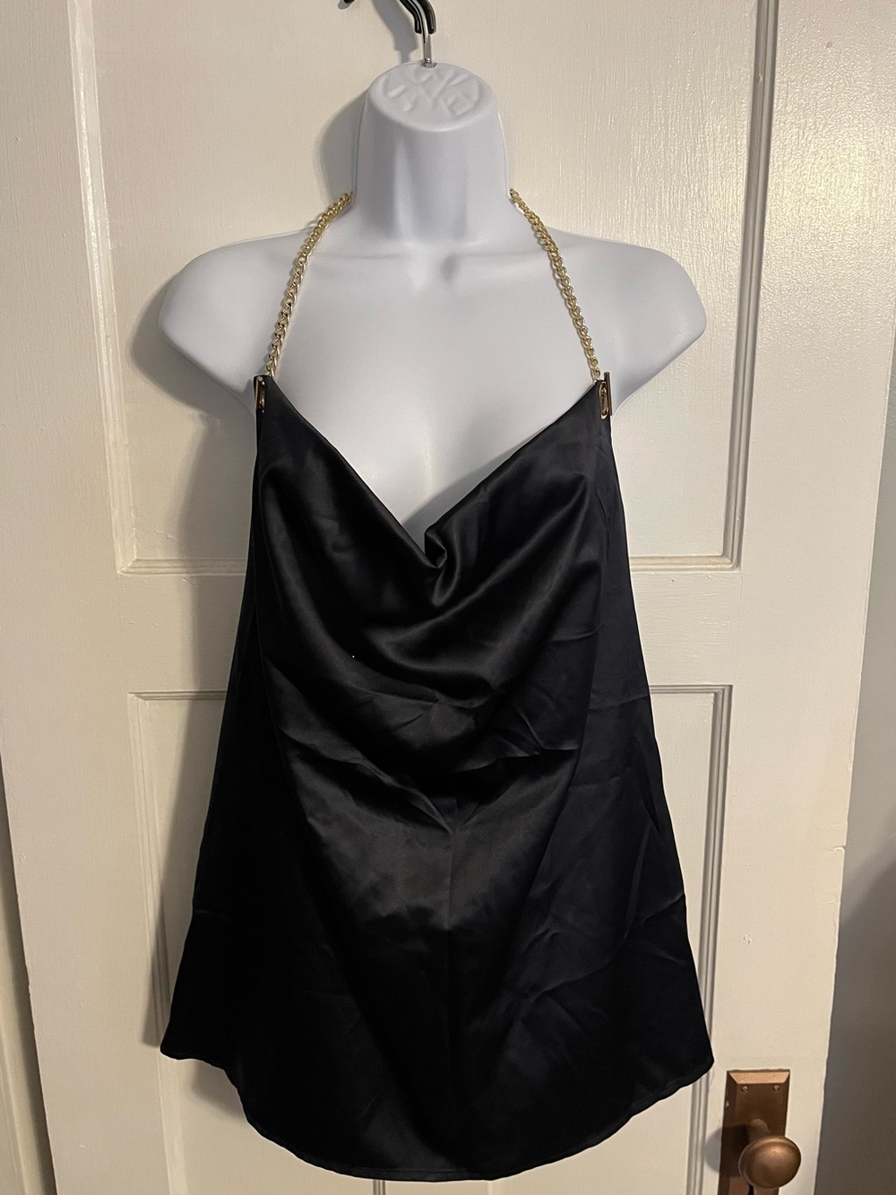 Black satin halter top with chain strap